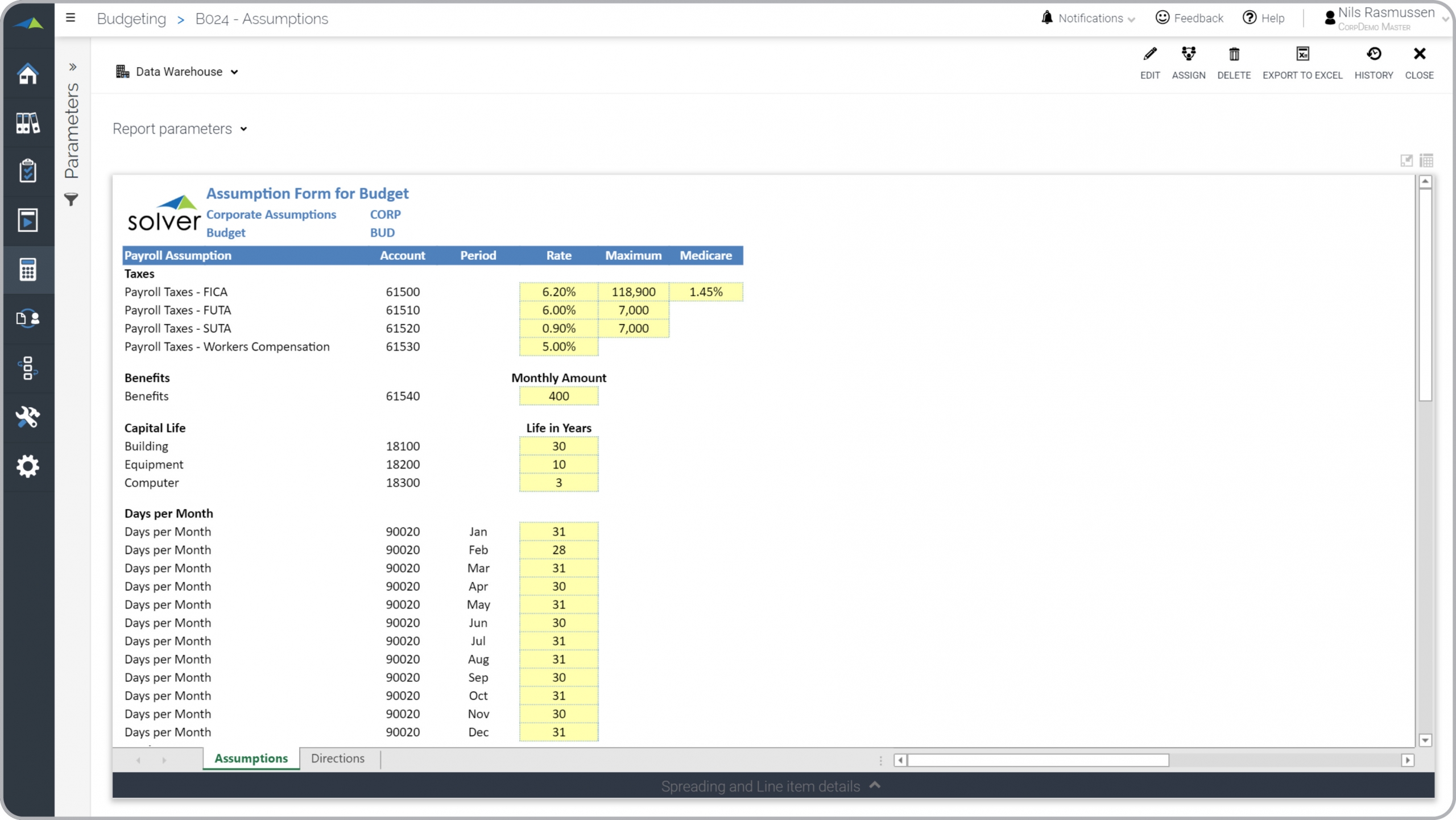 Payroll Budget Assumption Input Form Example