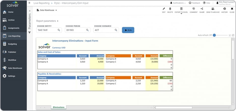 Intercompany Elimination Input Form Example