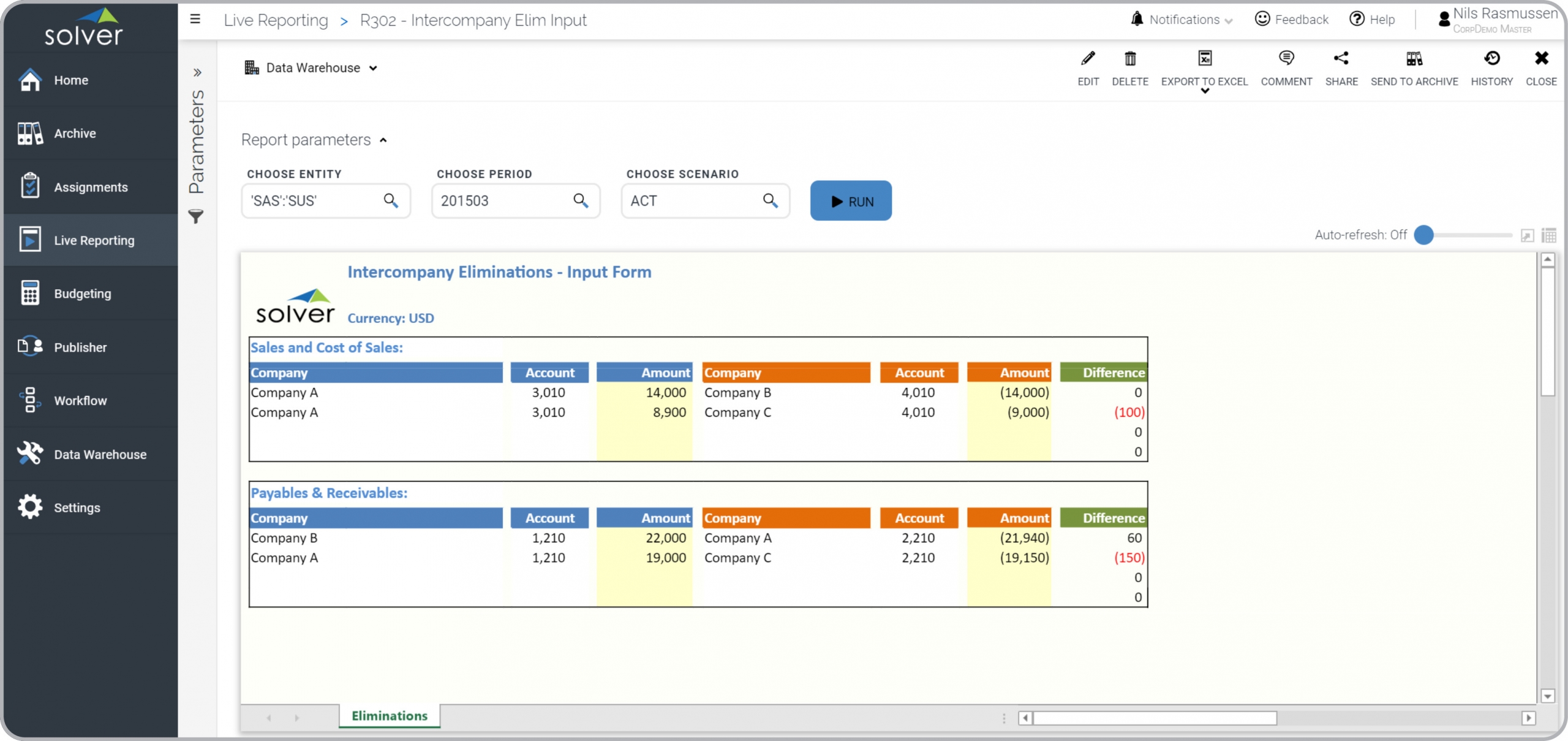 Intercompany Elimination Input Form Example