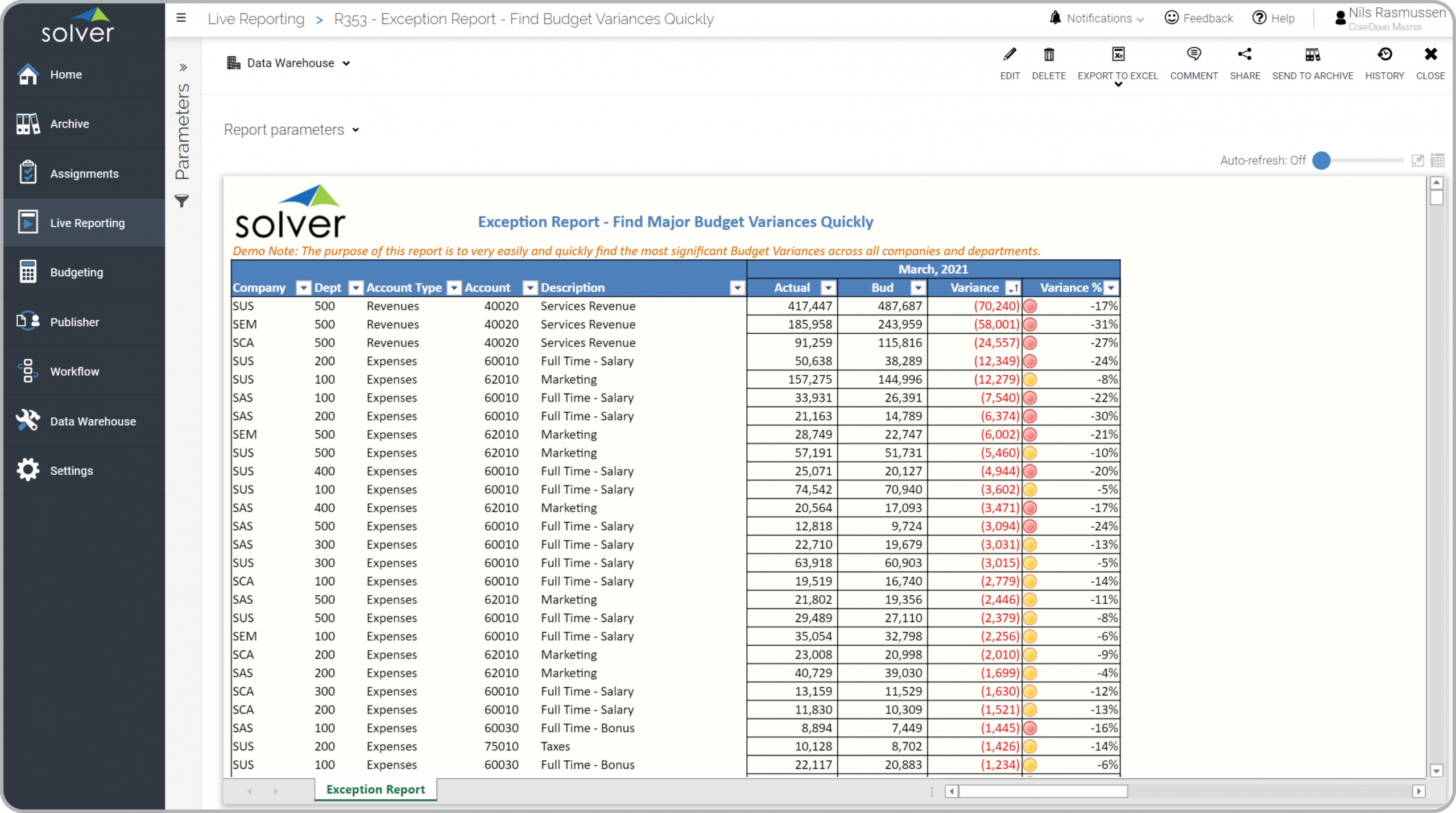 Revenue and Expense Exception Report Example