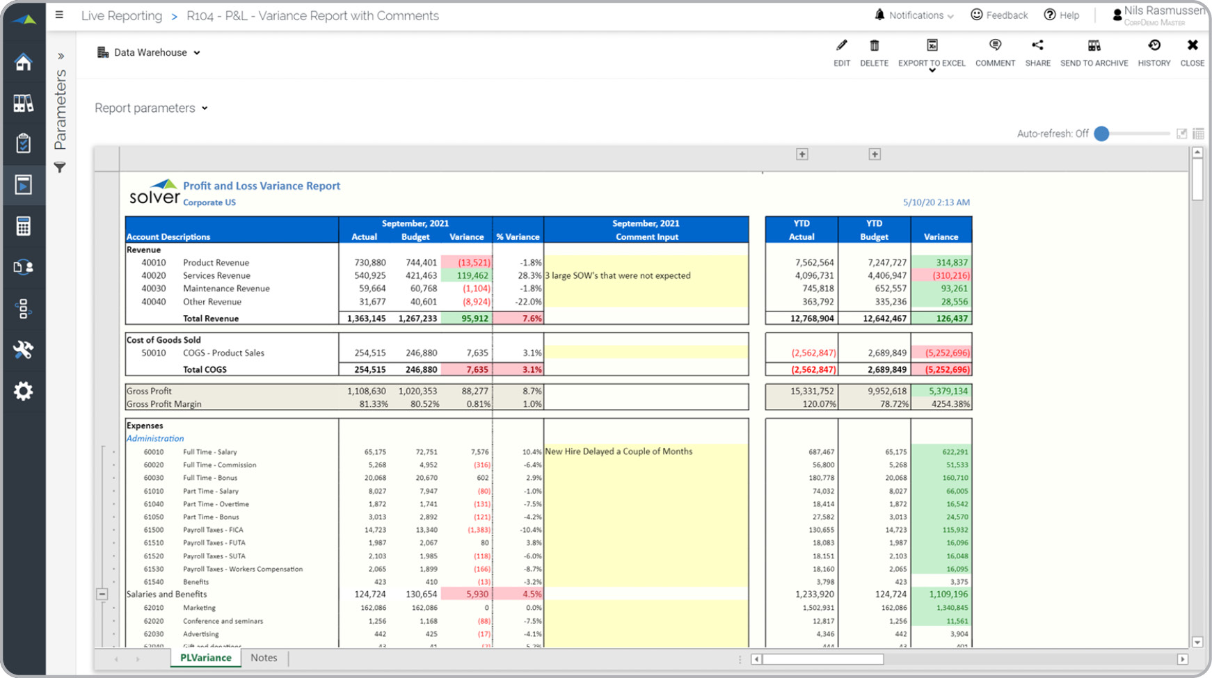 Profit & Loss Report with Text Comment Column Example 