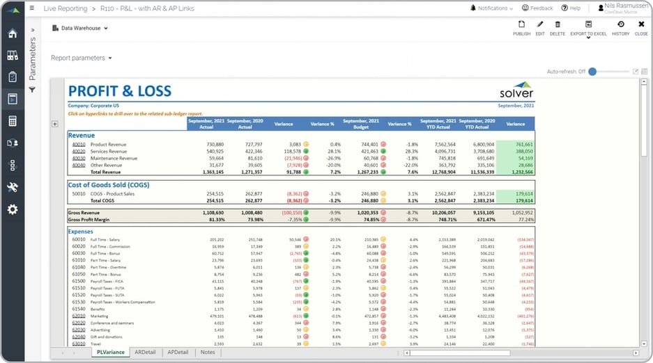 Profit & Loss Report with Links to Supporting Sub-ledger Reports Example