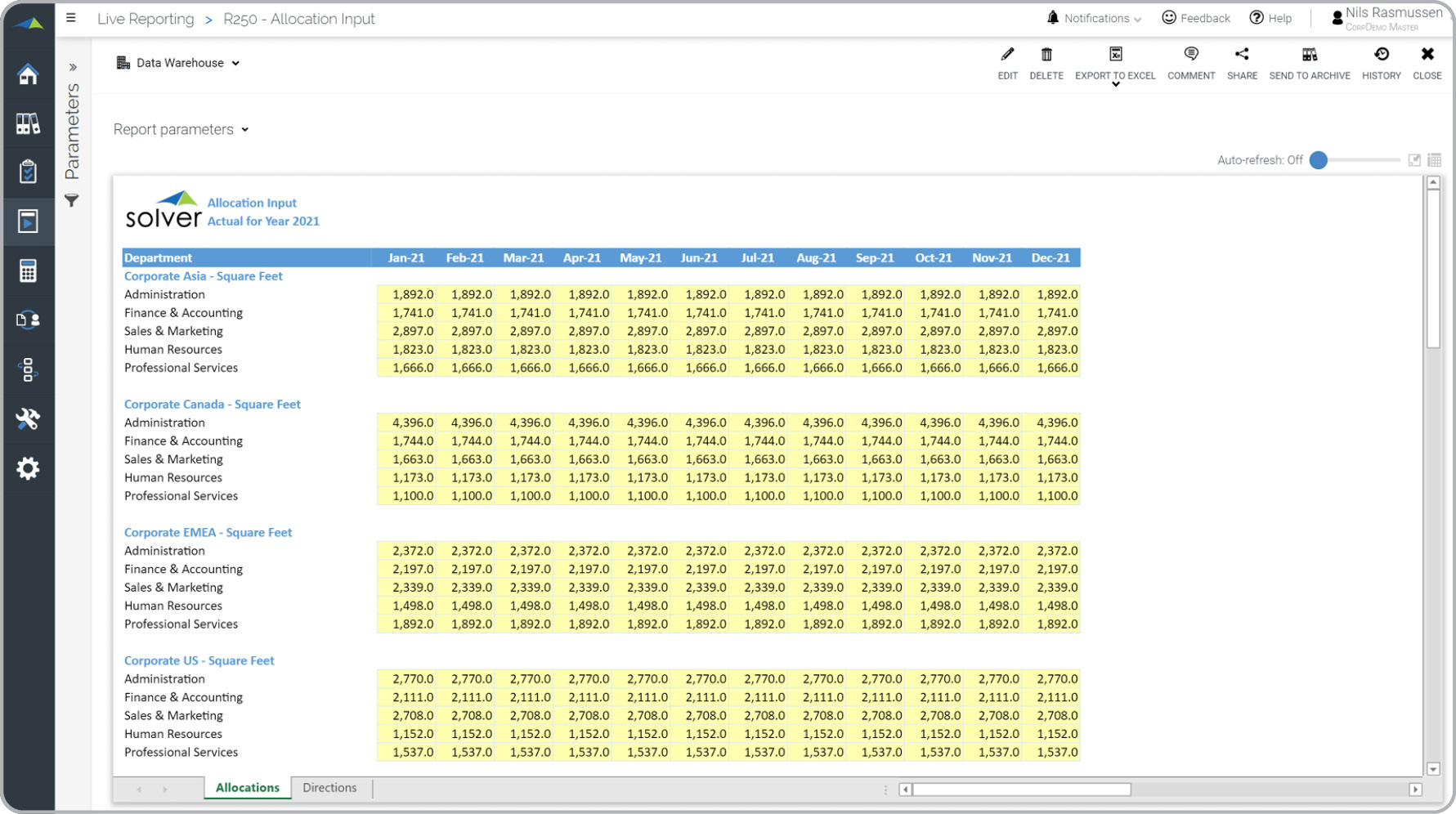 Allocation Input form Example 