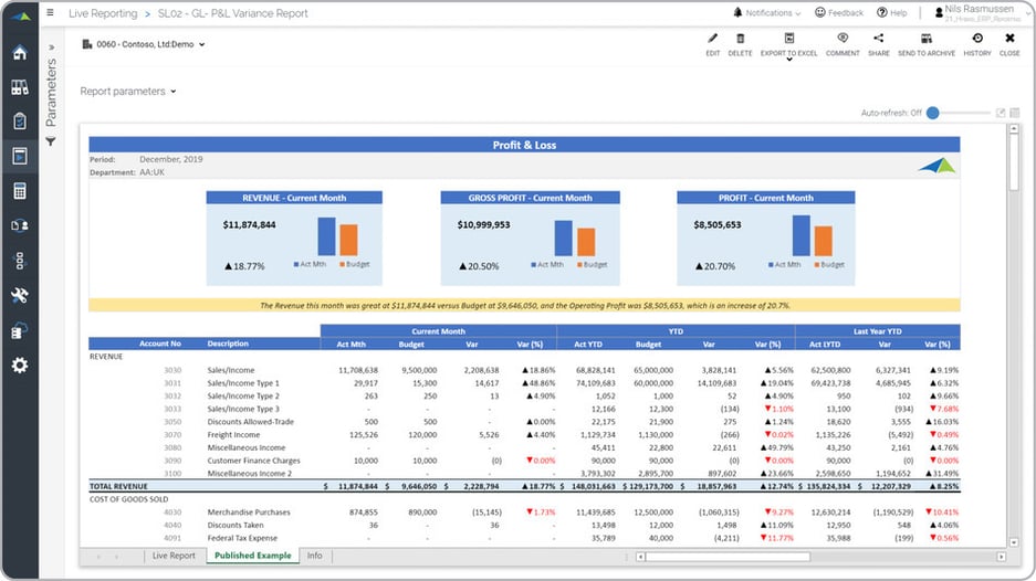 Monthly Profit & Loss Variance Report Example 