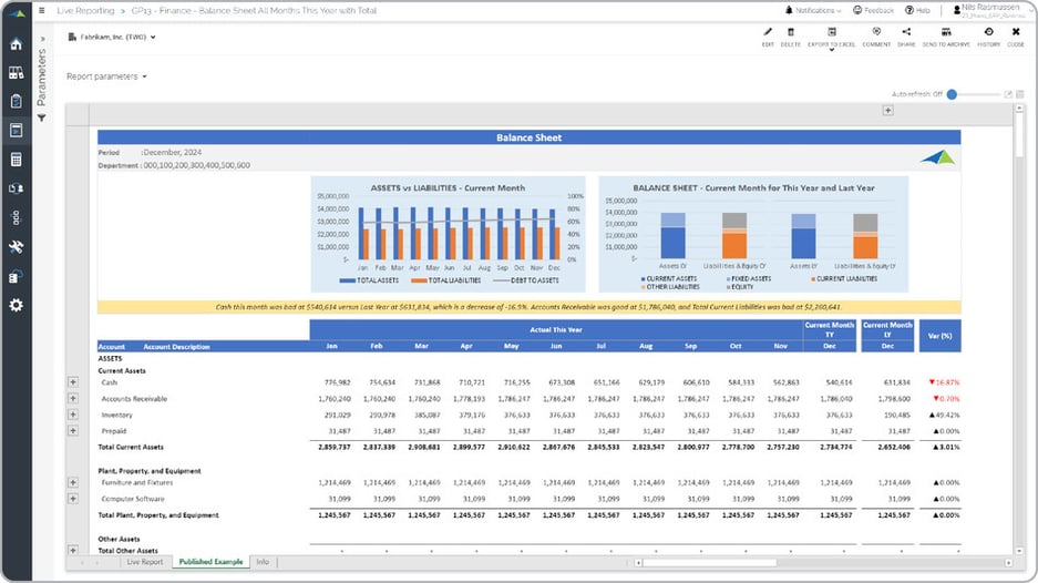 Trended Balance Sheet Example with KPIs  