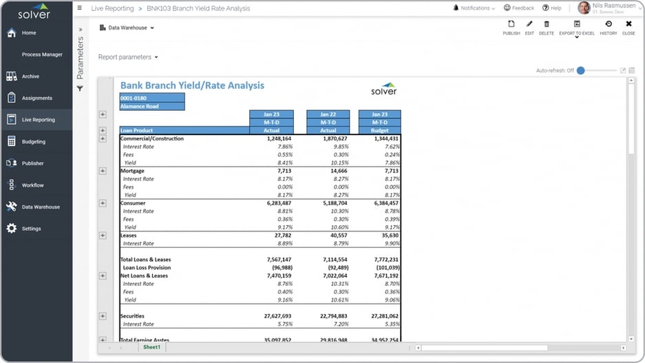 Example of a Yield and Rate Analysis Report by Bank Branch 