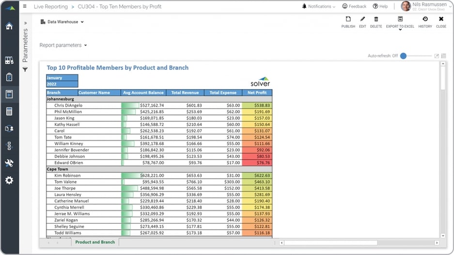 Example of a Top Ten Members by Profitability Report for credit unions  