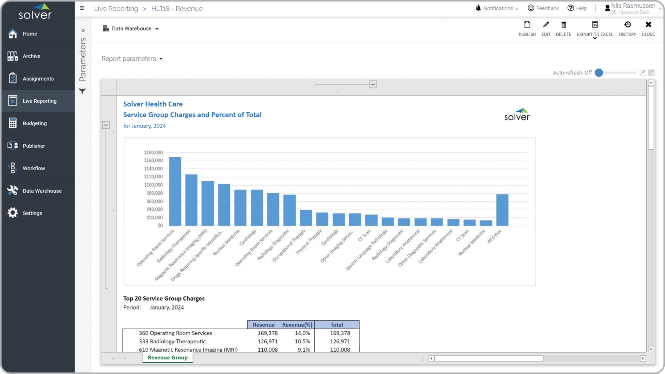 Revenue by Service Group Report Example for a Healthcare Provider 
