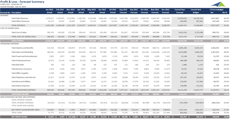 Example of a P&L Report with Forecast and Budget to Streamline the Monthly Reporting Process