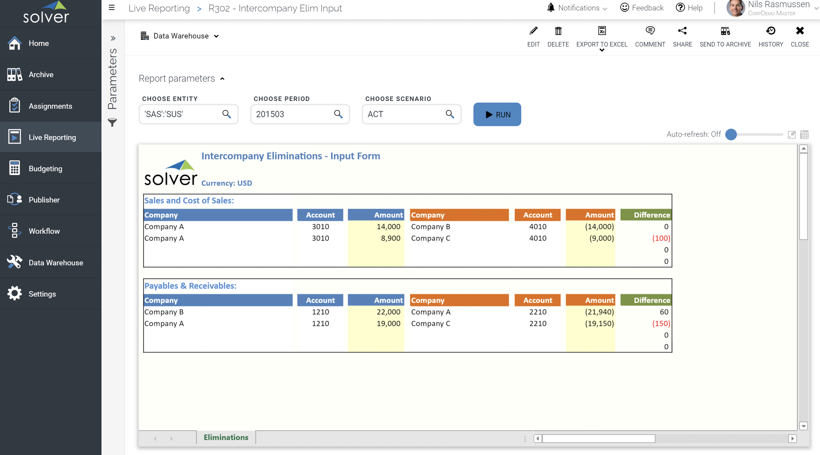 Intercompany Elimination Input Form Example