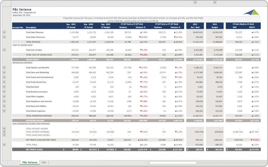 Example of a Profit & Loss Monthly Variance Report to Streamline the Monthly Reporting Process