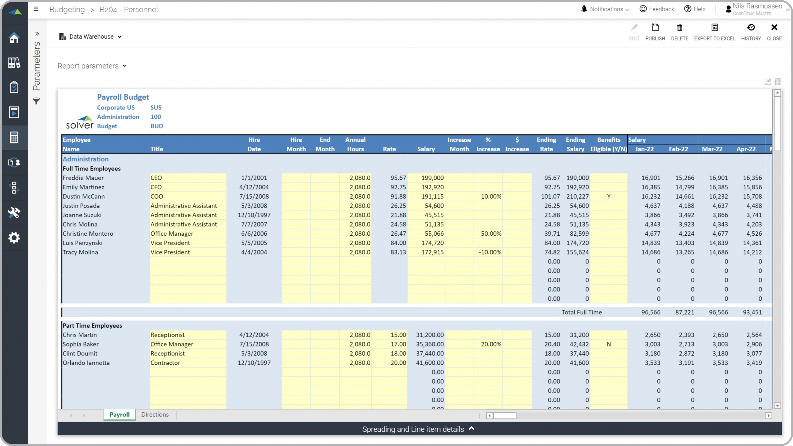 Enter key information and let the form calculate monthly salaries, benefits, taxes, etc.